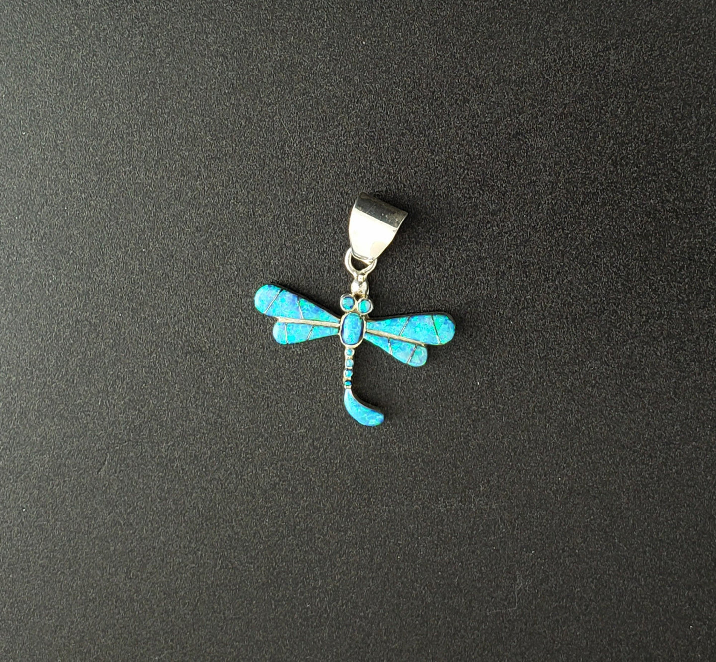 Blue Opal Inlay Dragon fly sterling silver pendant