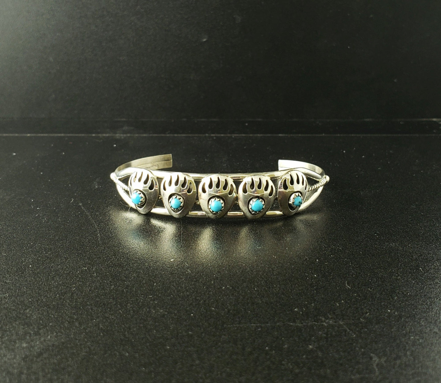 Bear Paw with turquoise dots sterling silver cuff bracelet