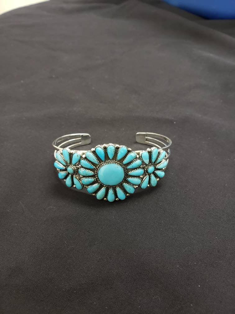 Turquoise cluster sterling silver cuff bracelet