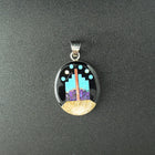 Inlay Turquoise Black Onyx Sandstone Pueblo scence sterling silver oval pendant