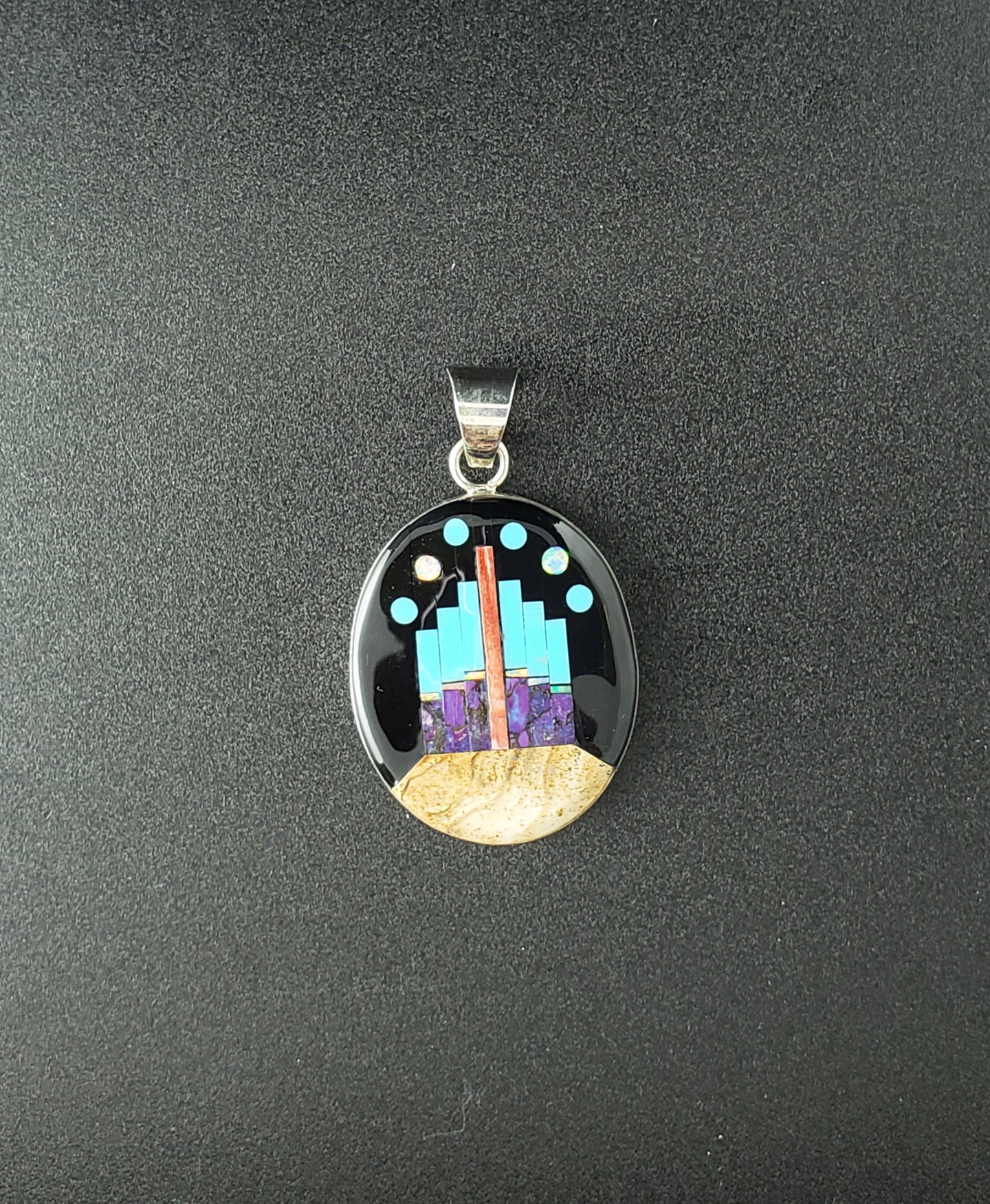 Inlay Turquoise Black Onyx Sandstone Pueblo scence sterling silver oval pendant