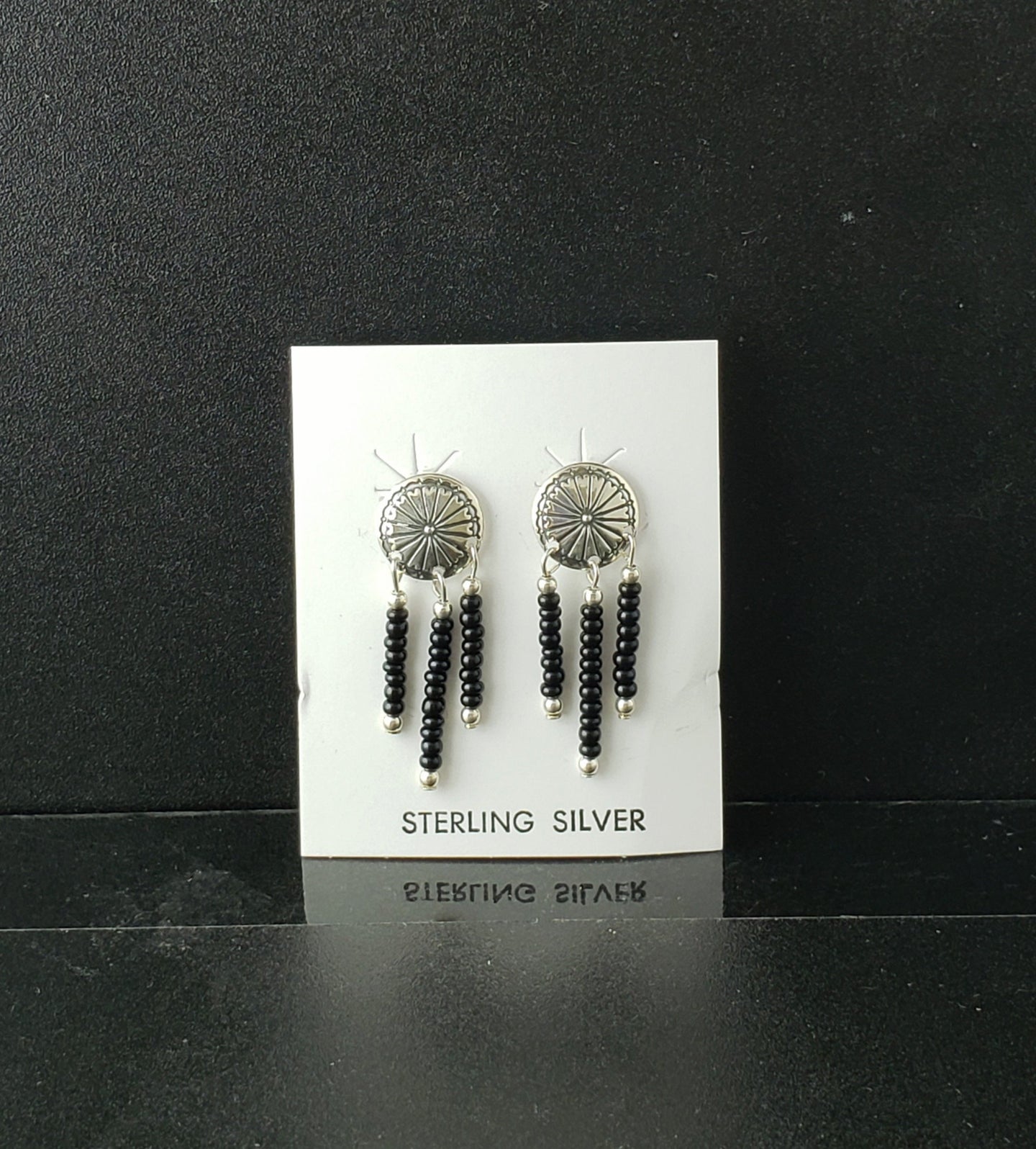 southwest concho black onyx beads sterling silver post earrings