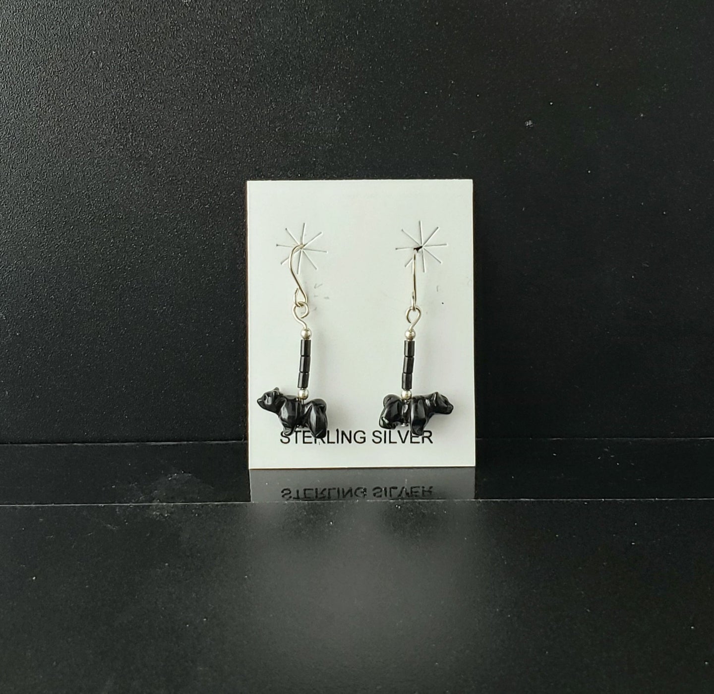 black onyx bear sterling silver dangle earrings