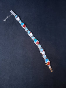 inlay multi stones turquoise blue opal white opal red coral pearl sterling silver link bracelet