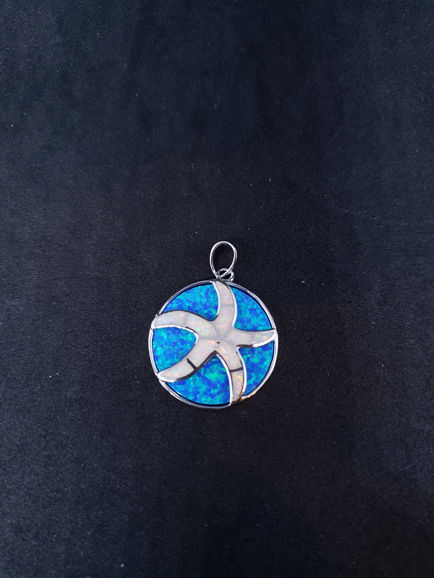 Sea life Star fish inlay white fire opal blue opal sterling silver round pendant