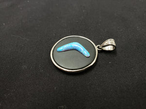 carving boomerang Blue fire opal  sterling silver round pendant