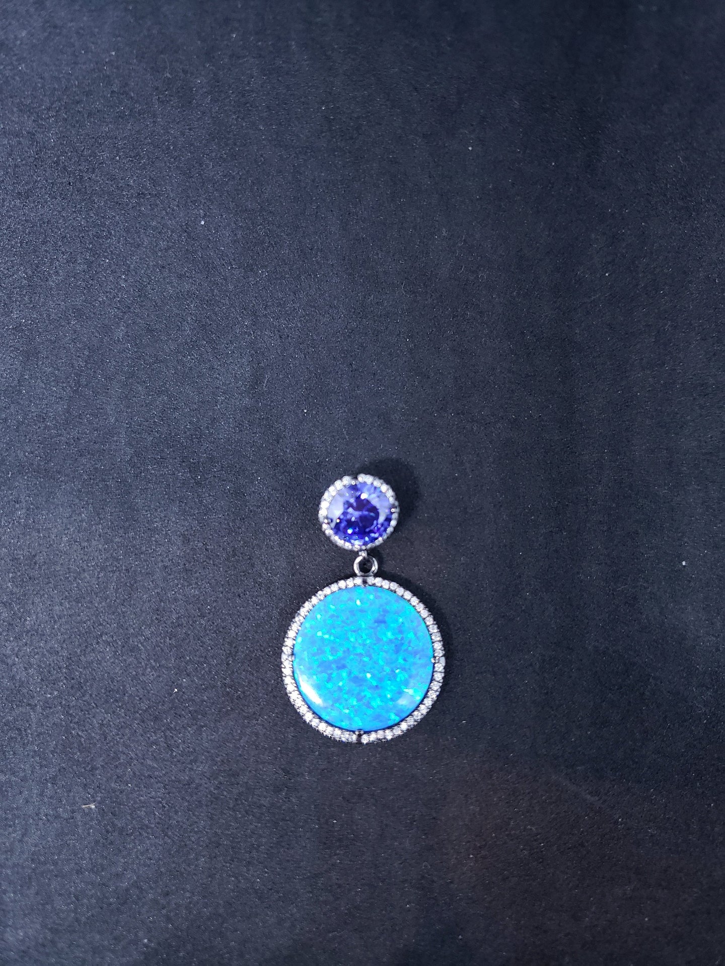 Blue fire opal amethyst with CZ sterling silver round pendant