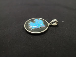 carving hawk eagle head Blue fire opal  sterling silver round pendant