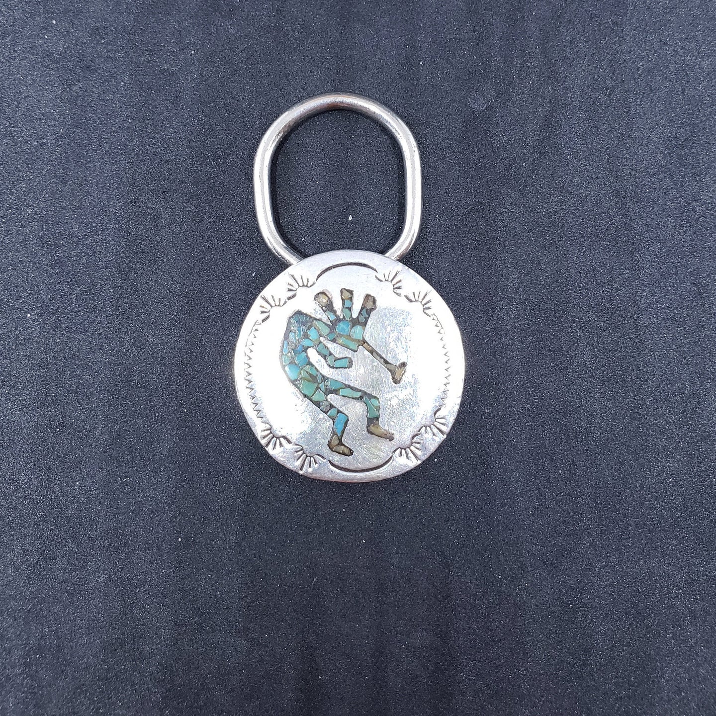 Vintage Zuni Kachina inlay turquoise chip sterling silver keychain key holder