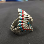 Chief head ring - inlay turquoise red coral pearl shell - sterling silver ring - size 9