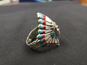 Chief head ring - inlay turquoise red coral pearl shell - sterling silver ring - size 9