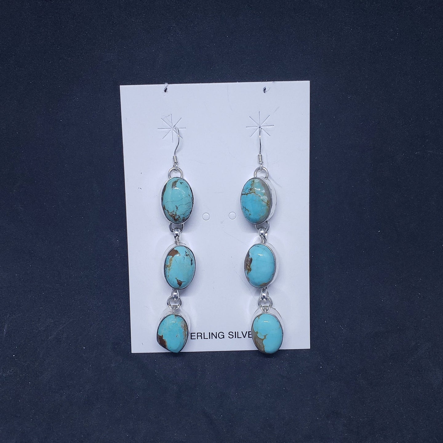 Navajo Royston turquoise oval 3 stones long sterling silver dangle earrings