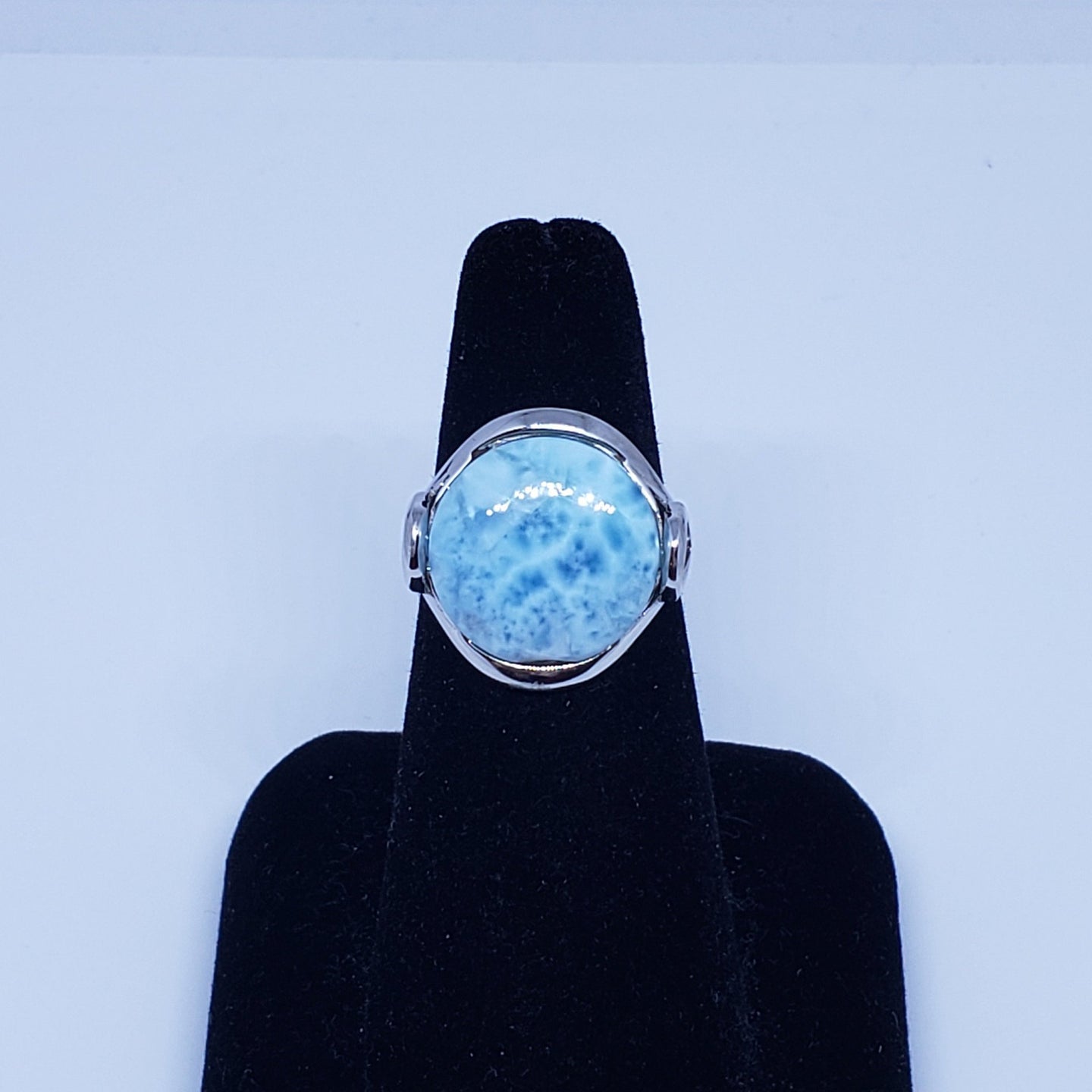 Size 7 round 15mm natural blue Larimar teardrop sterling silver ring