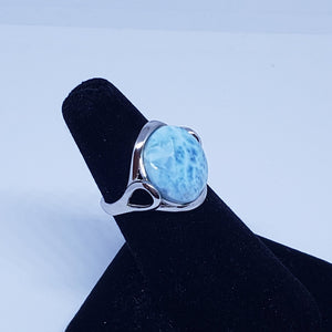 Size 7 round 15mm natural blue Larimar teardrop sterling silver ring