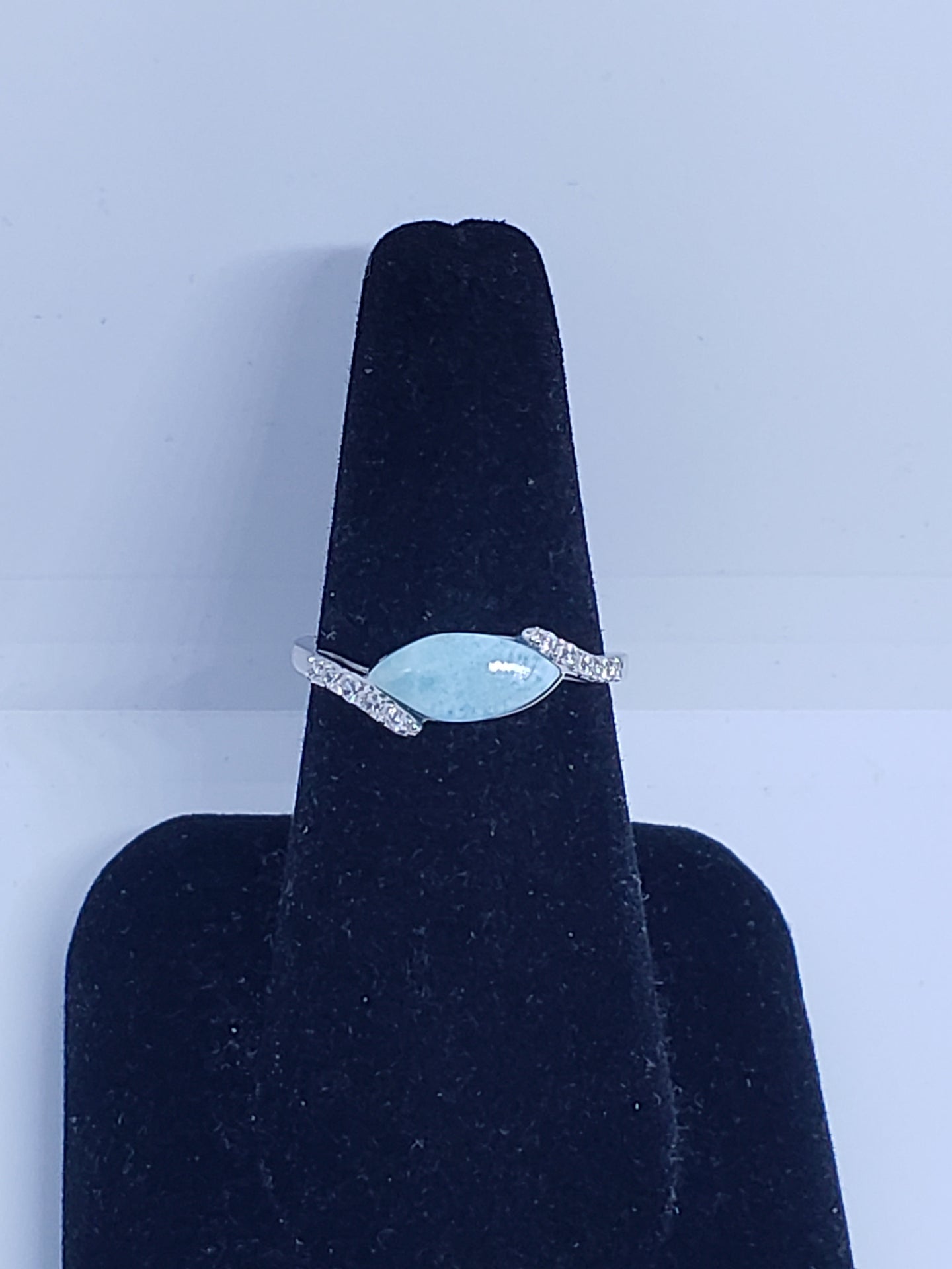 Size 9 marquise natural blue Larimar with CZ sterling silver ring