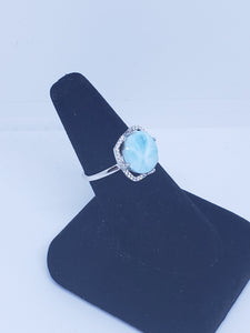 Size 9 round 12mm natural blue Larimar with square CZ sterling silver ring