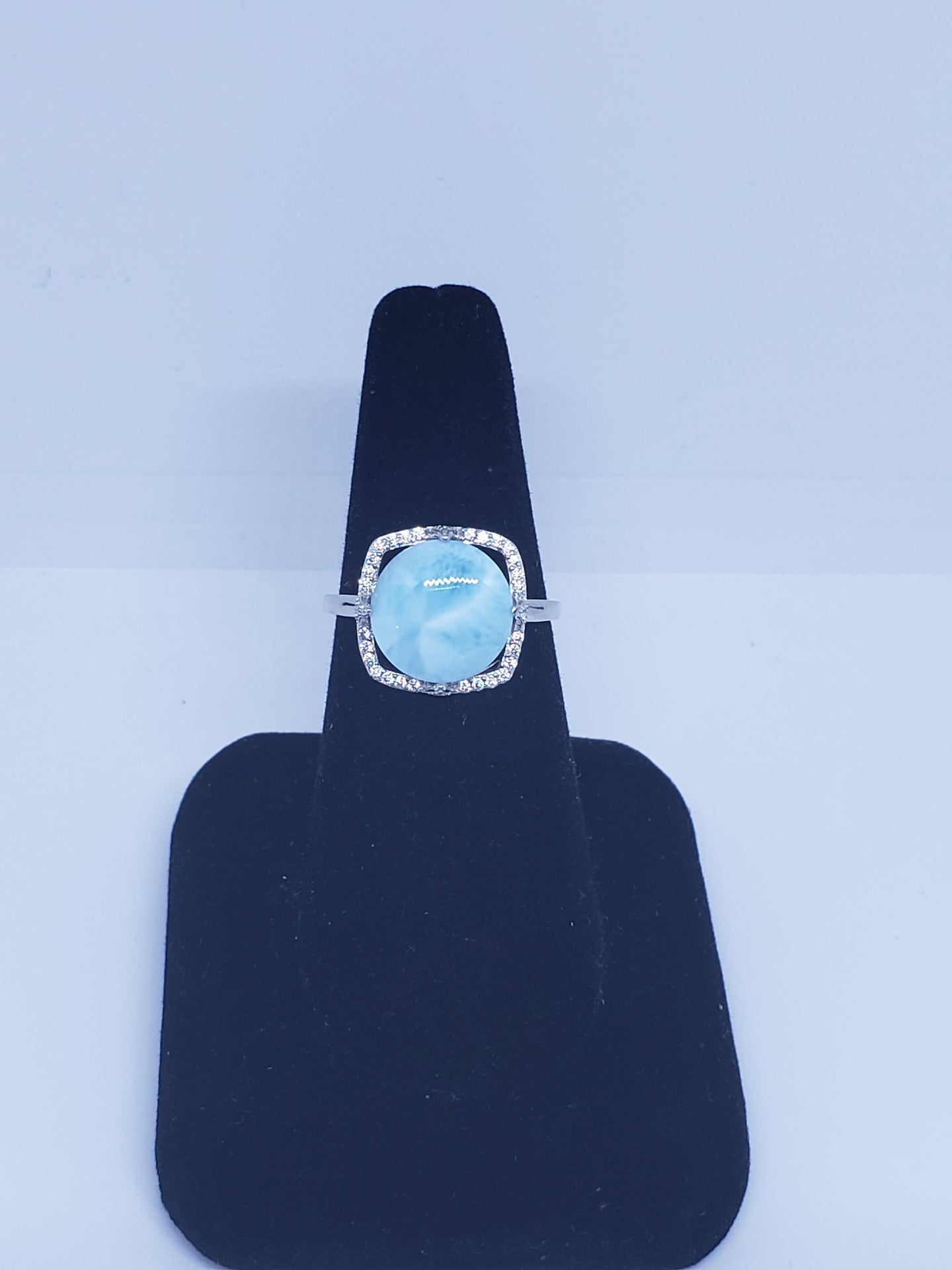 Size 9 round 12mm natural blue Larimar with square CZ sterling silver ring
