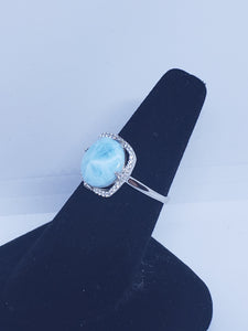 Size 9 round 12mm natural blue Larimar with square CZ sterling silver ring