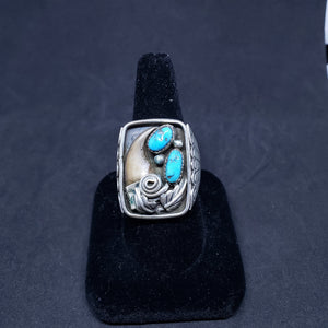Vintage Navajo claw swirl design Kingman turquoise sterling silver rectangle men's ring size 13