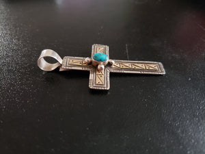 14k gold cross pendant - vintage Navajo Royston turquoise sterling silver