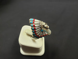 Chief head ring - inlay turquoise red coral pearl shell - sterling silver ring - size 9