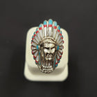 Chief head ring - inlay turquoise red coral pearl shell - sterling silver ring - size 9