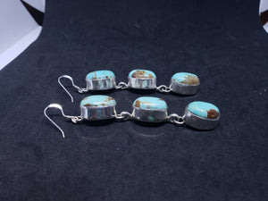 Navajo Royston turquoise oval 3 stones long sterling silver dangle earrings