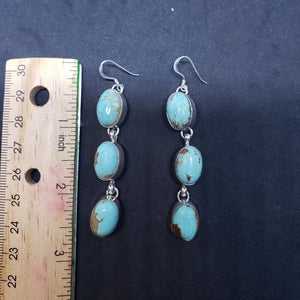 Navajo Royston turquoise oval 3 stones long sterling silver dangle earrings