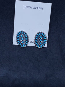 Oval Southwest cluster petit point sleeping beauty turquoise sterling silver post earrings