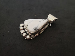 Navajo white buffalo turquoise triangle sterling silver pendant