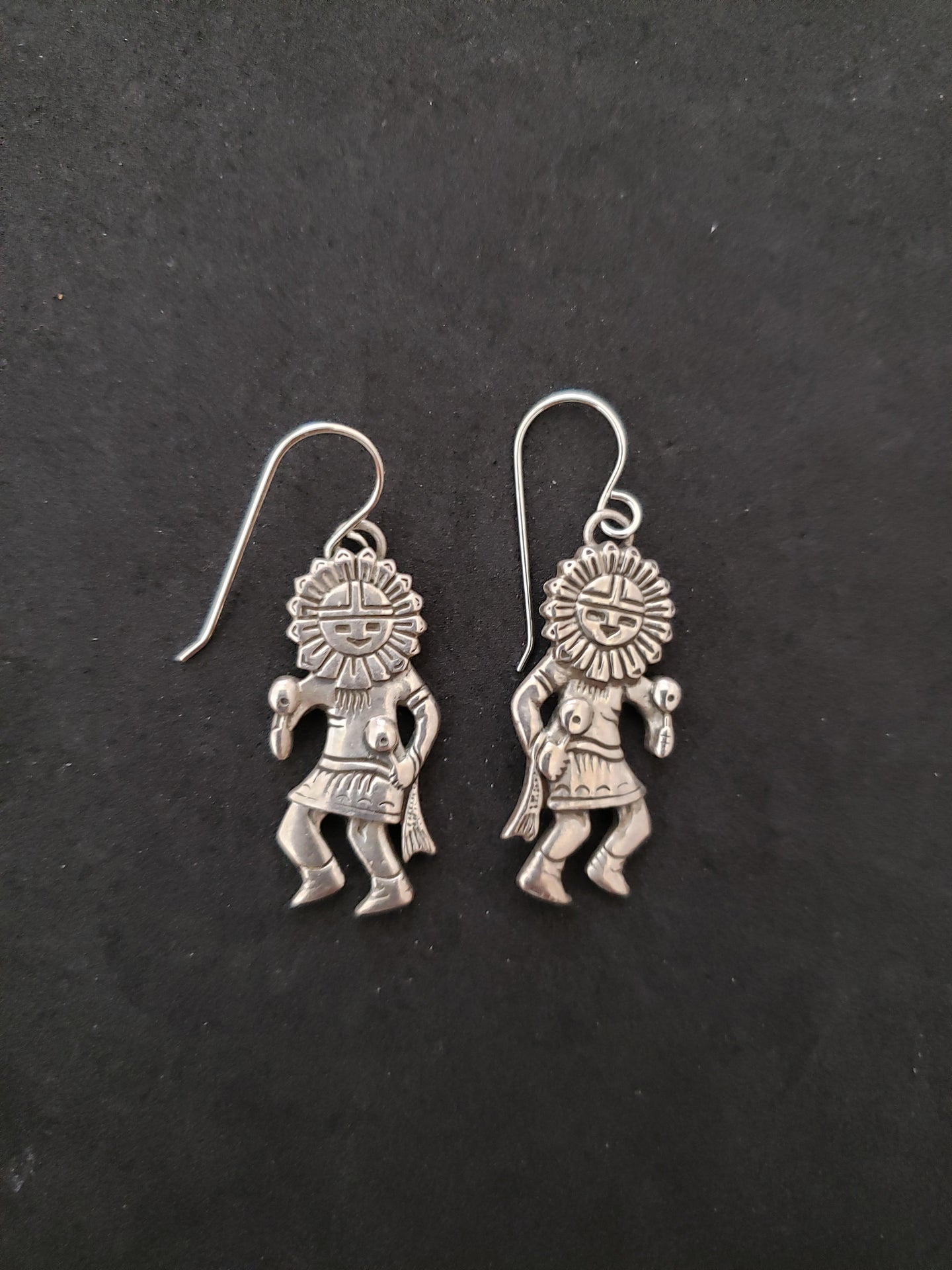 Vintage dancing Kachina Sun face sterling silver dangle earrings