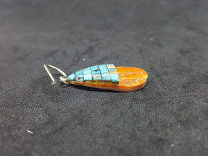 New Southwest Inlay Kingman Turquoise Spiny Oyster ellipse shell sterling silver dangle earrings