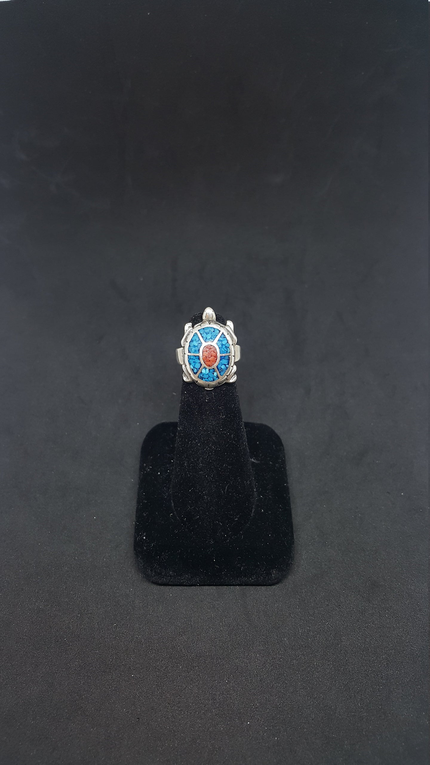 Turtle Inlay mini gemstones Turquoise and Coral sterling silver ring size 3 1/2 - Vintage
