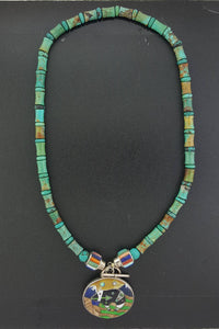 18 inches Turquoise necklace with inlay bear pendant