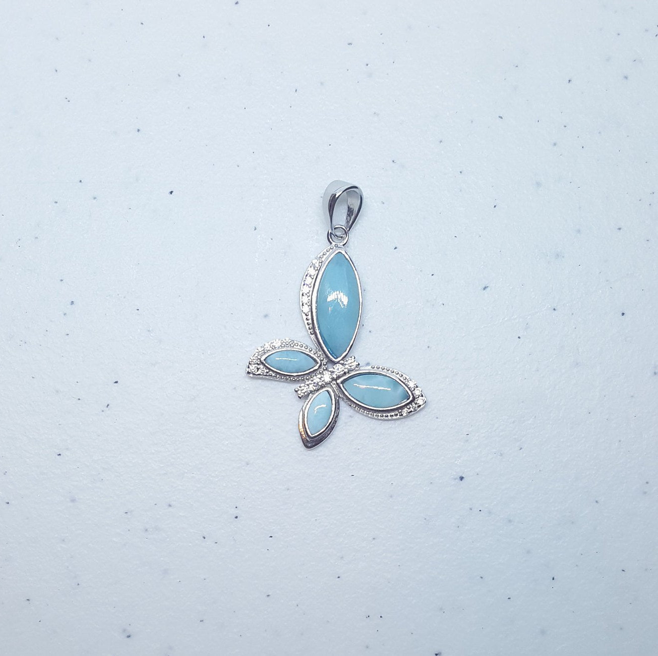 Flying Butterfly Blue Larimar with CZ sterling silver pendant
