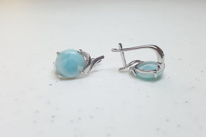 Round Blue Larimar with CZ sterling silver hoop earrings