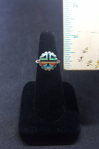 Navajo Zuni Sunface Inlay Mother of Pearl Turquoise Black Onyx Spiny Oyster White Fire Opal sterling silver ring size 8 - Vintage