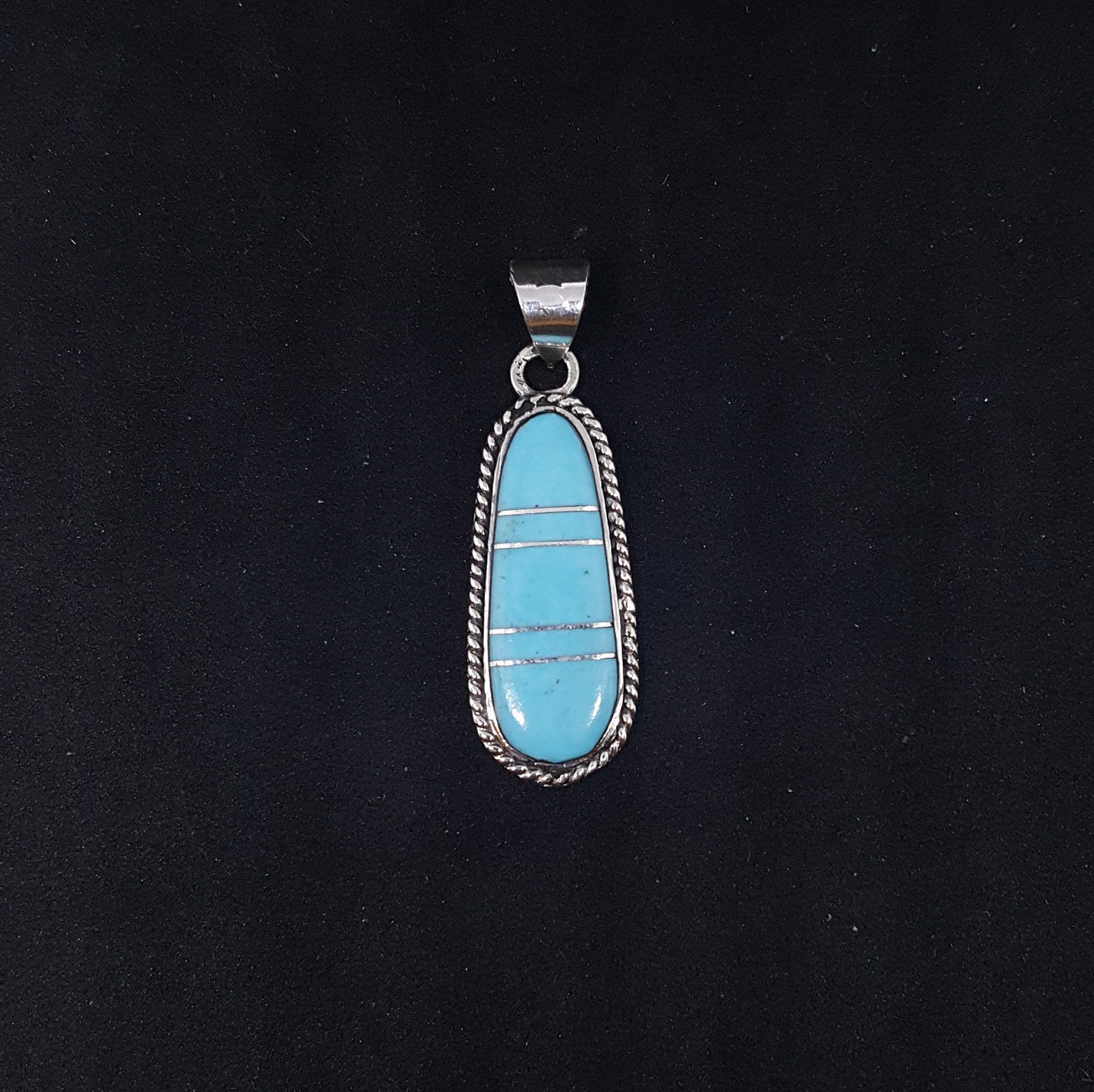 Turquoise double stripes long thin sterling silver pendant - Vintage