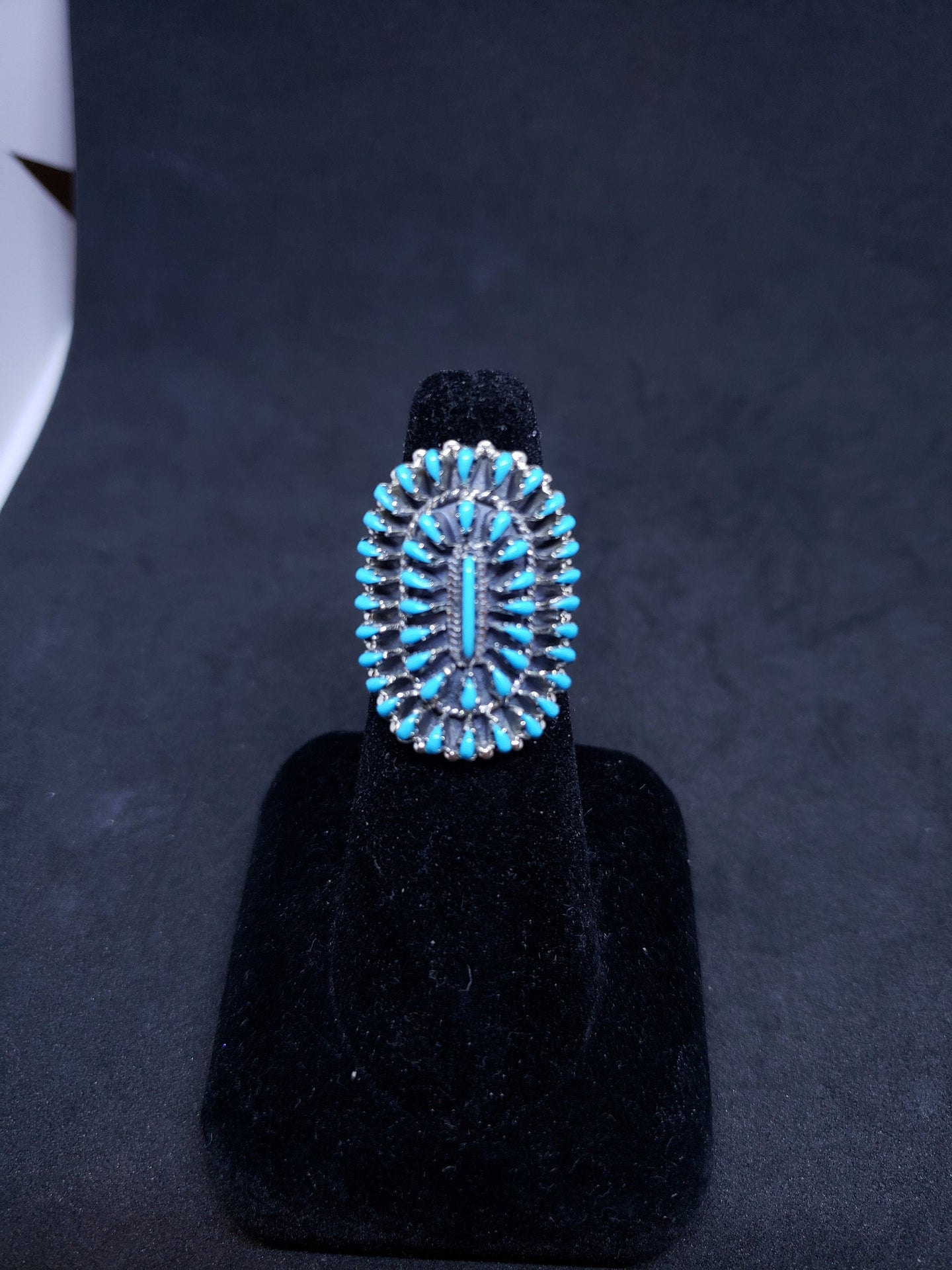 vintage Native American Zuni Cluster petit point sleeping beauty turquoise sterling silver ring - size 7 1/2 - adjustable ring