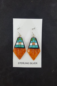 New Southwest Inlay Turquoise Black Onyx Spiny Oyster diamond shape shell sterling silver dangle earrings