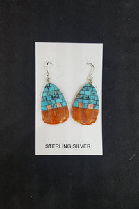 New Southwest Inlay Kingman Turquoise Spiny Oyster ellipse shell sterling silver dangle earrings