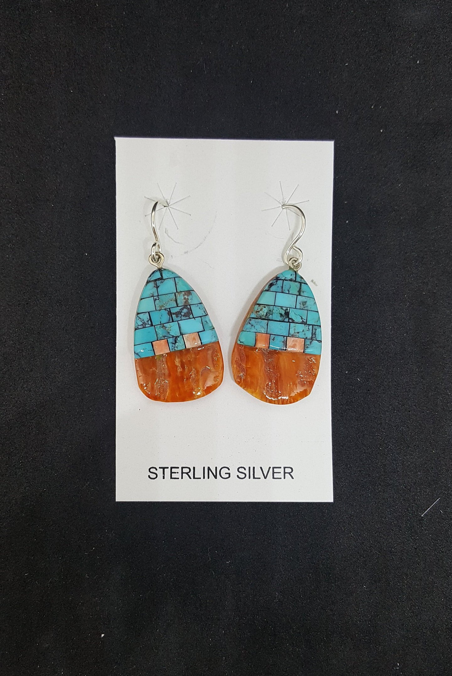 New Southwest Inlay Kingman Turquoise Spiny Oyster ellipse shell sterling silver dangle earrings