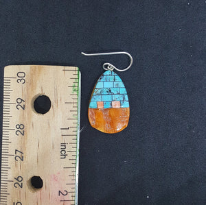 New Southwest Inlay Kingman Turquoise Spiny Oyster ellipse shell sterling silver dangle earrings