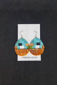 Southwest the Wall Inlay Kingman Turquoise Black Onyx Mother of Pearl Spiny Oyster oval shape shell sterling silver dangle earrings