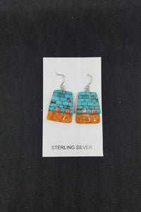Southwest Bricks inlay Kingman Turquoise Spiny Oyster rectangle shell sterling silver dangle earrings
