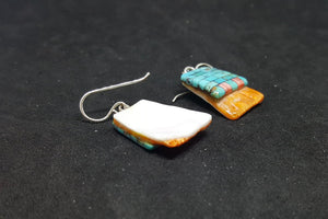 Southwest Bricks inlay Kingman Turquoise Spiny Oyster rectangle shell sterling silver dangle earrings