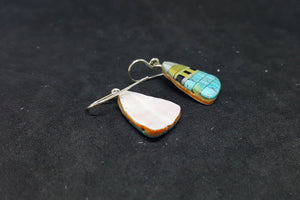 Southwest Bricks Kingman Turquoise Mother of Pearl Black Onyx triangle shell sterling silver dangle earrings