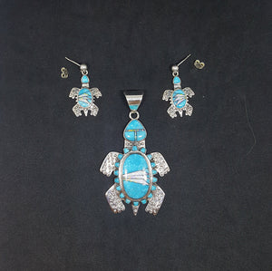 Set The Turtle Turquoise White Fire Opal sterling silver post earrings and pendant