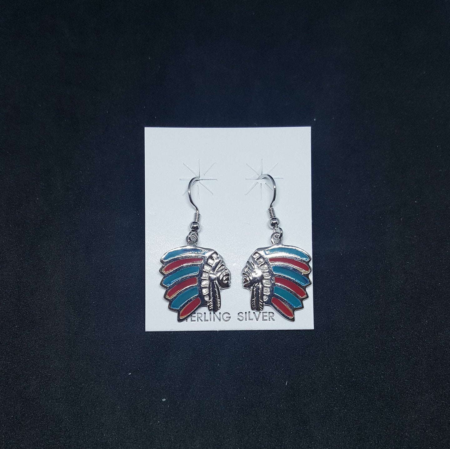 Native Chief Head inlay Turquoise Coral sterling silver dangle earrings