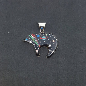 Southwest inlay Bear Galaxy Multi-stones sterling silver pendant necklace